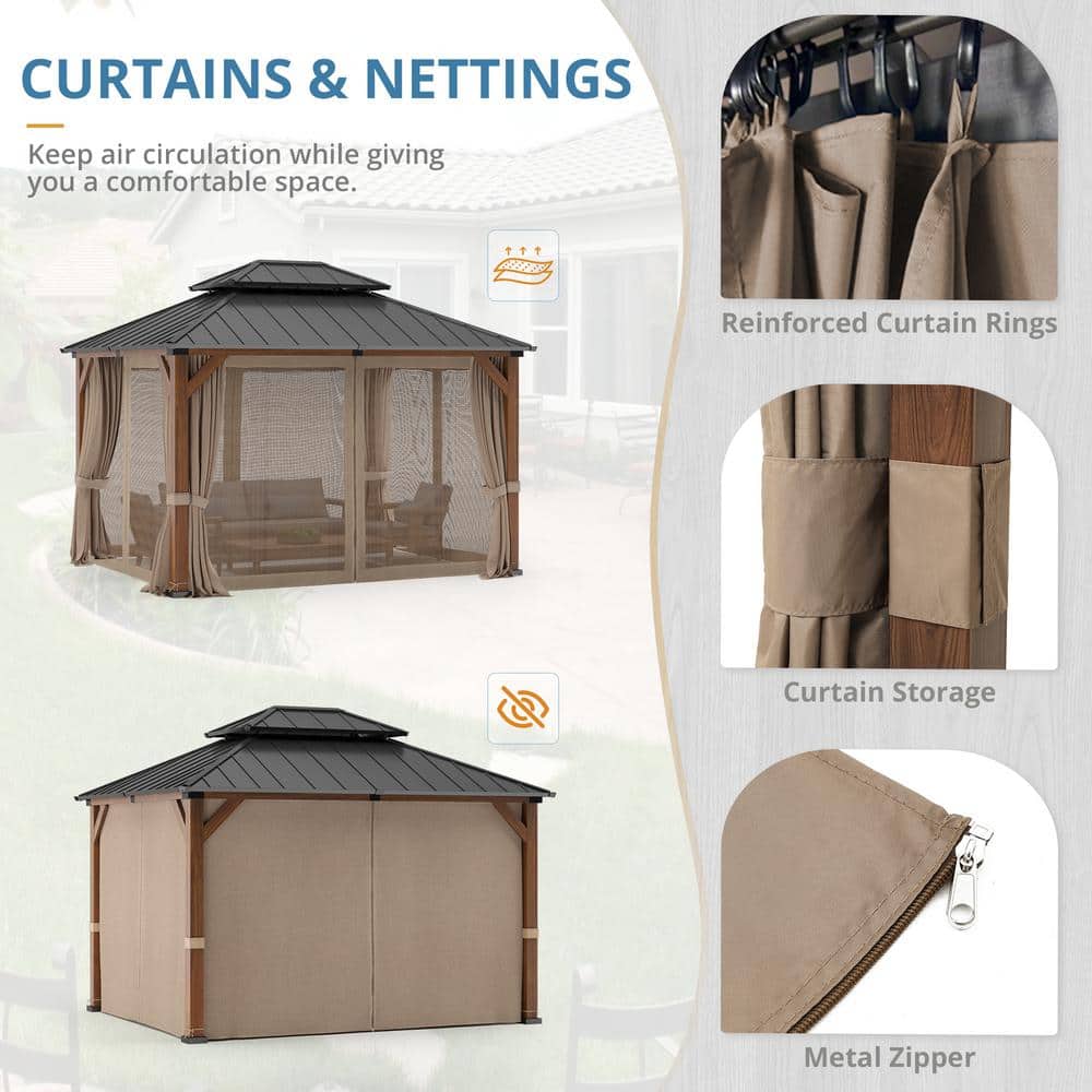 Brown Aluminum Hardtop Gazebo with Curtains and Netting, 10'x12'