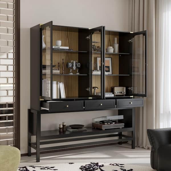 74.8 in. Tall Black Wood 7-Shelf Standard Bookcases with 4-Glass Doors, 3-Drawers, Open Shelf, Display Cabinet
