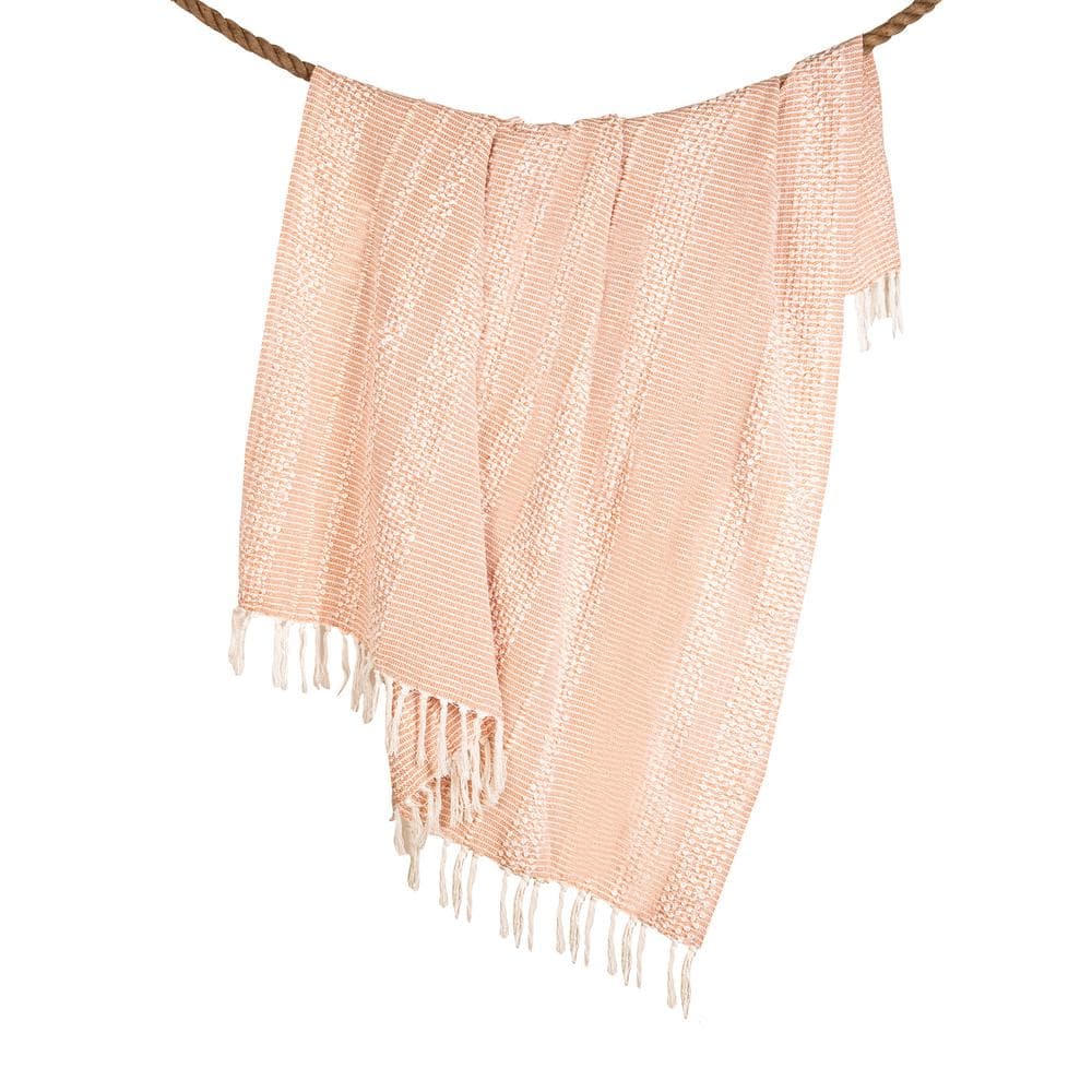 Blush and White Cotton Knotted Fringe Throw Blanket, 50x60