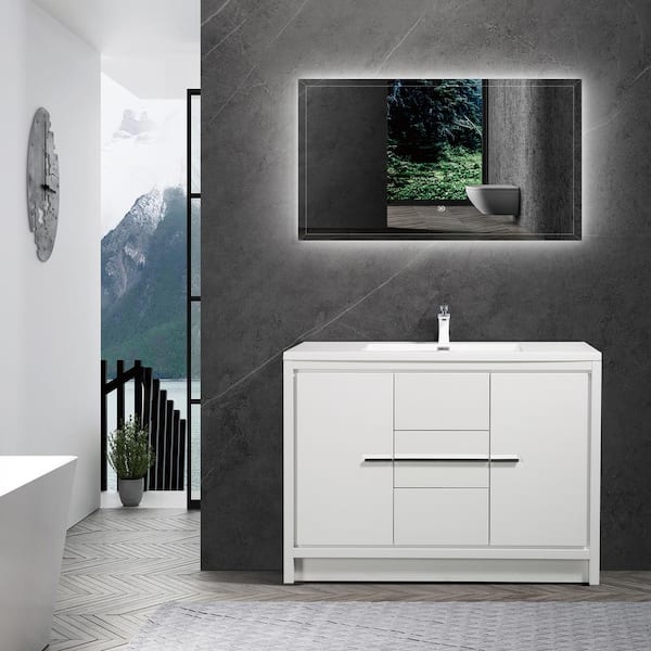 Unbranded 48 in. W x 19 in. D x 34 in. H Single Sink Freestanding Bathroom Vanity in Hight White with White Solid Surface Top