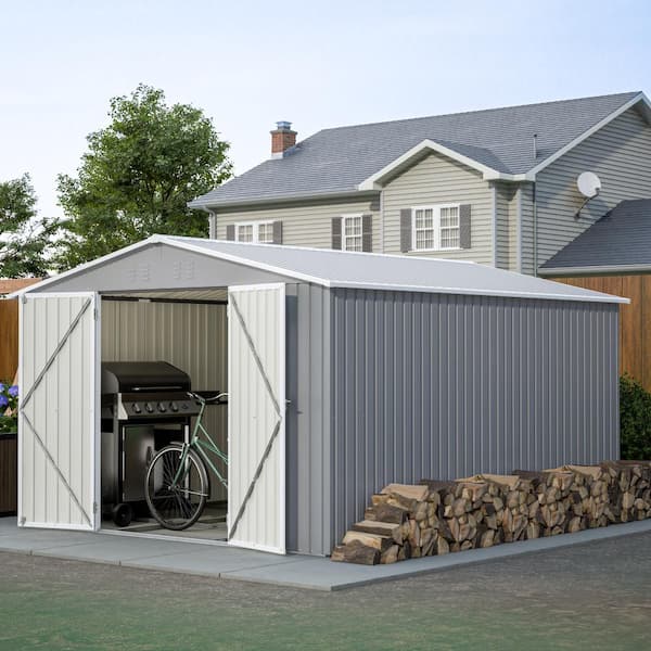 10 ft. x 12 ft. Galvanized Steel Storage Shed with Floor Frame Kit, Double Lockable Doors Gray for Backyard