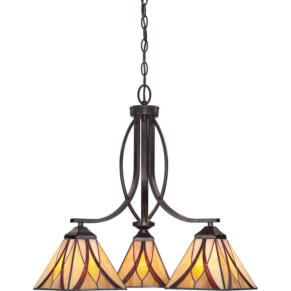 Asheville Valiant Bronze 3-Light Tiffany Glass Chandelier