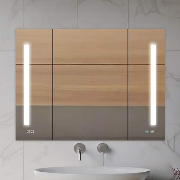 Signature Royale 40 in W x 30 in. H Rectangular LED Tri-view Medicine Cabinet with Mirror Defogger, 3X Magnifying Mirror