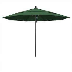 11 ft. Black Aluminum Commercial Market Patio Umbrella with Fiberglass Ribs and Pulley Lift in Hunter Green Olefin