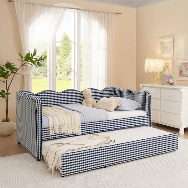 Navy Gingham Outdoor Cozy Day Bed Frame with Twin Size Trundle and