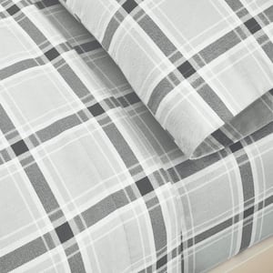 3-Piece Gray Twill Plaid Cotton Flannel Twin Sheet Set