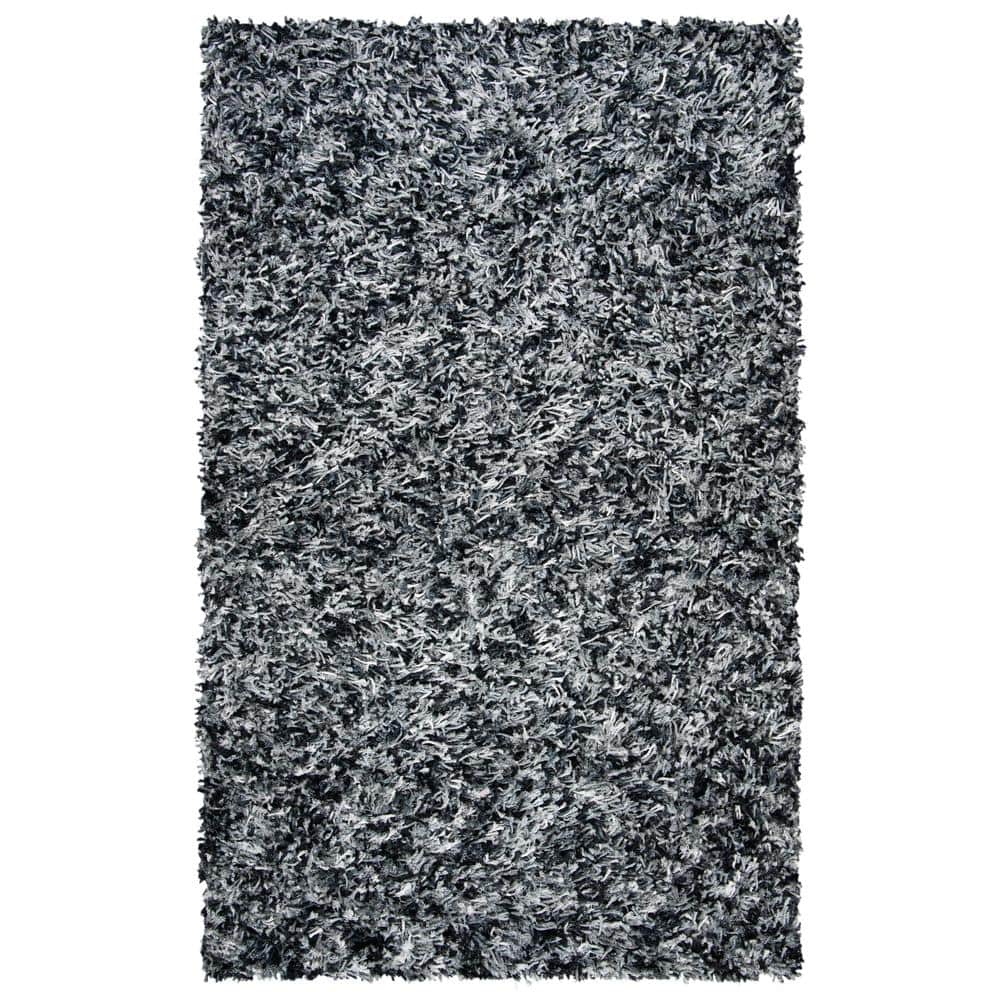 Handmade Black and Ivory Synthetic Shag Rug, 6' x 9'