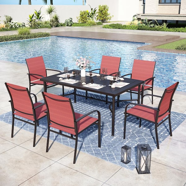 PHI VILLA Black 7-Piece Metal Straight-Leg Rectangle Table Outdoor Patio Dining Set with Red Textilene Chairs