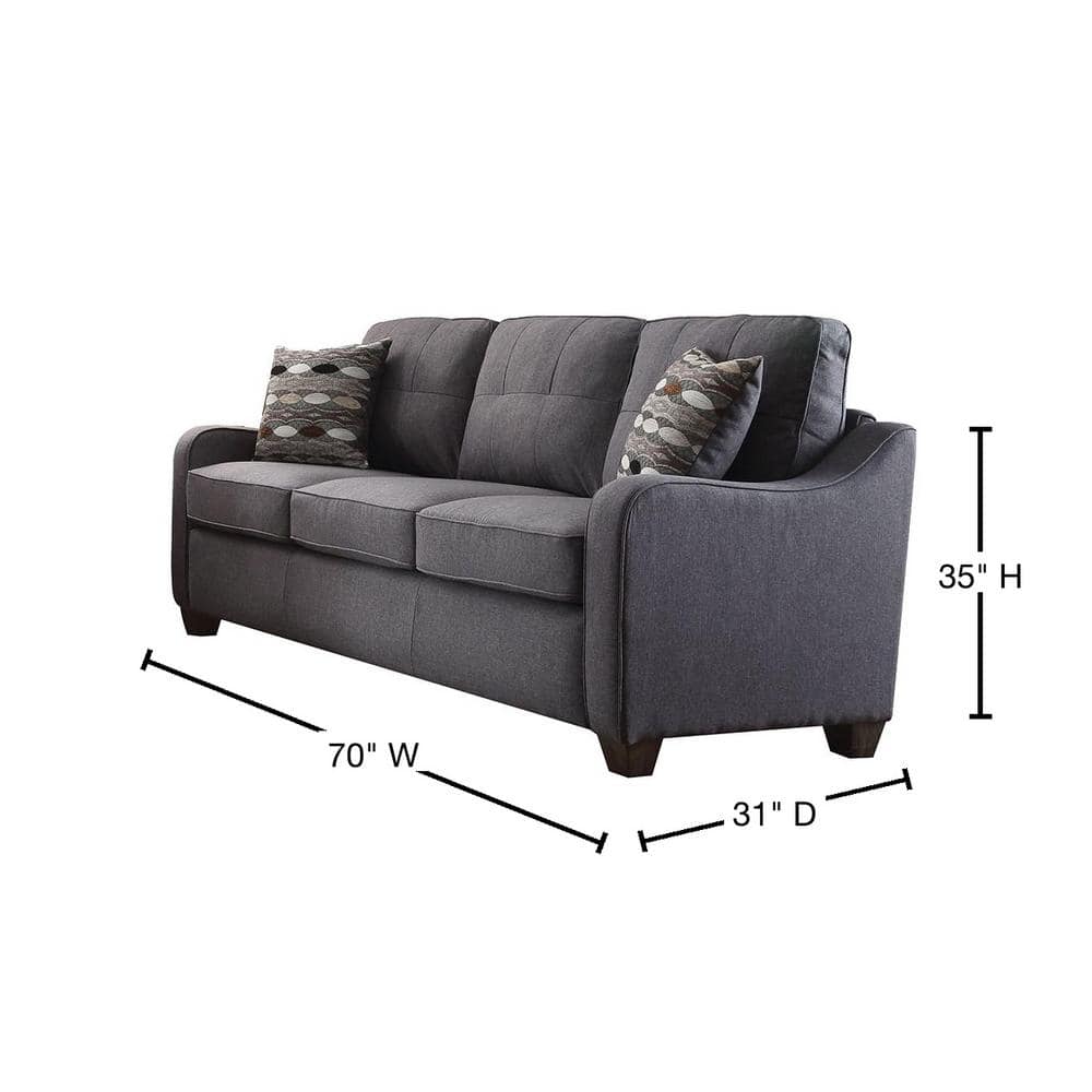 Elegant Gray Linen Tufted Sofa with Removable Cushions and Wood Accents