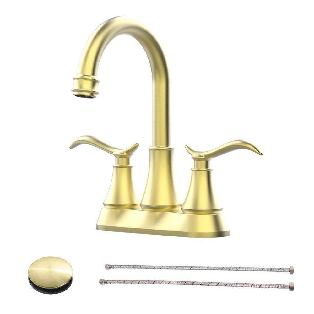 Abdera 4 in. Centerset Double Handle High Arc Swivel Spout Bathroom Faucet with Drain Kit Included in Brushed Gold price history on PriceWatchPro