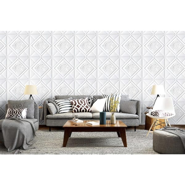 Falkirk Jura II 28 in. x 28 in. Peel and Stick Off White Flowers in Diamonds PE Foam Decorative Wall Paneling (10-Pack)