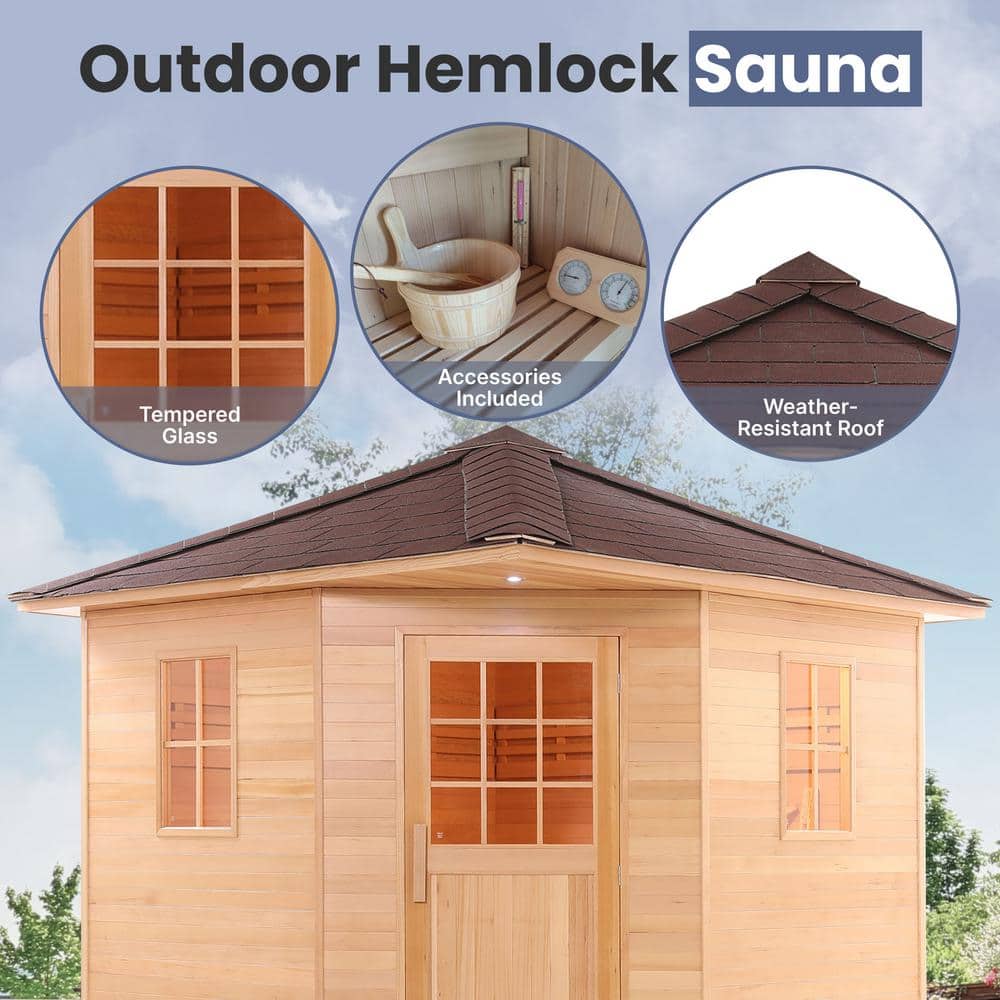 Natural Canadian Hemlock 8-Person Outdoor Sauna with 9 kW Heater