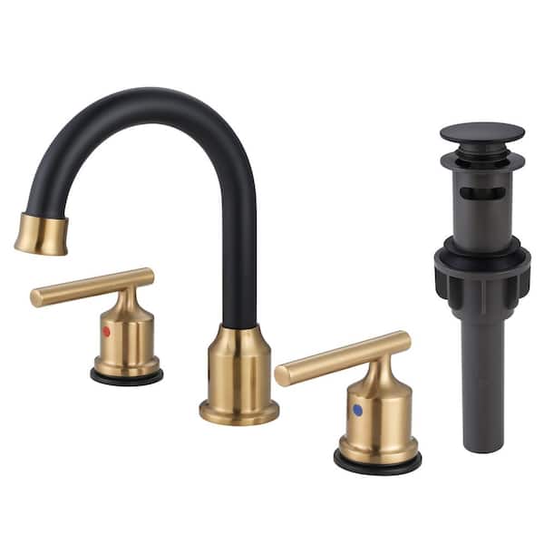 WOWOW 8 in. Wide Spread Double Handle Bathroom Faucet in Black and Gold