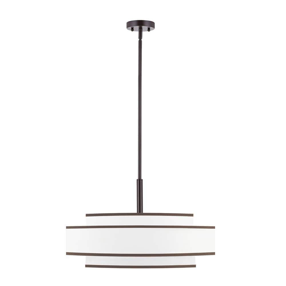 Bronze and White Fabric Double Drum 5-Light Chandelier