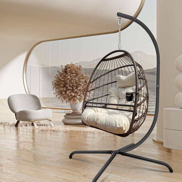 Metal Swing Egg Chair with Stand Indoor Outdoor Wicker Rattan Patio Basket Hanging Chair with Cushion and Pillow H2PH039OT148 The Home Depot