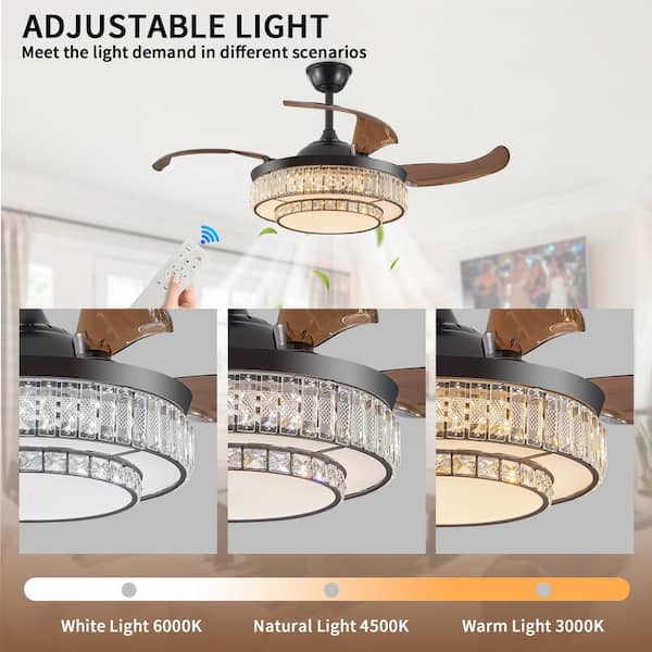 48 in. Modern LED Retractable Indoor Ceiling Fan with Light and Remote Control, Reversible Motor, 4-Blades, Black