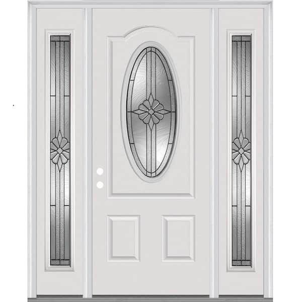 MMI Door 60 in. x 80 in. Dahlia Right-Hand Inswing Oval Lite Decorative 2-Panel Primed Steel Prehung Front Door with Sidelites