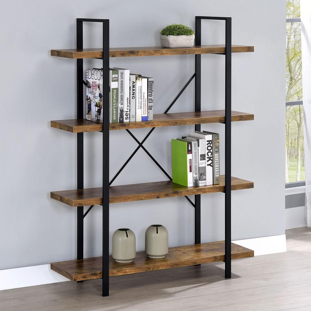Rustic 55" Brown and Black Transitional 4-Shelf Bookcase