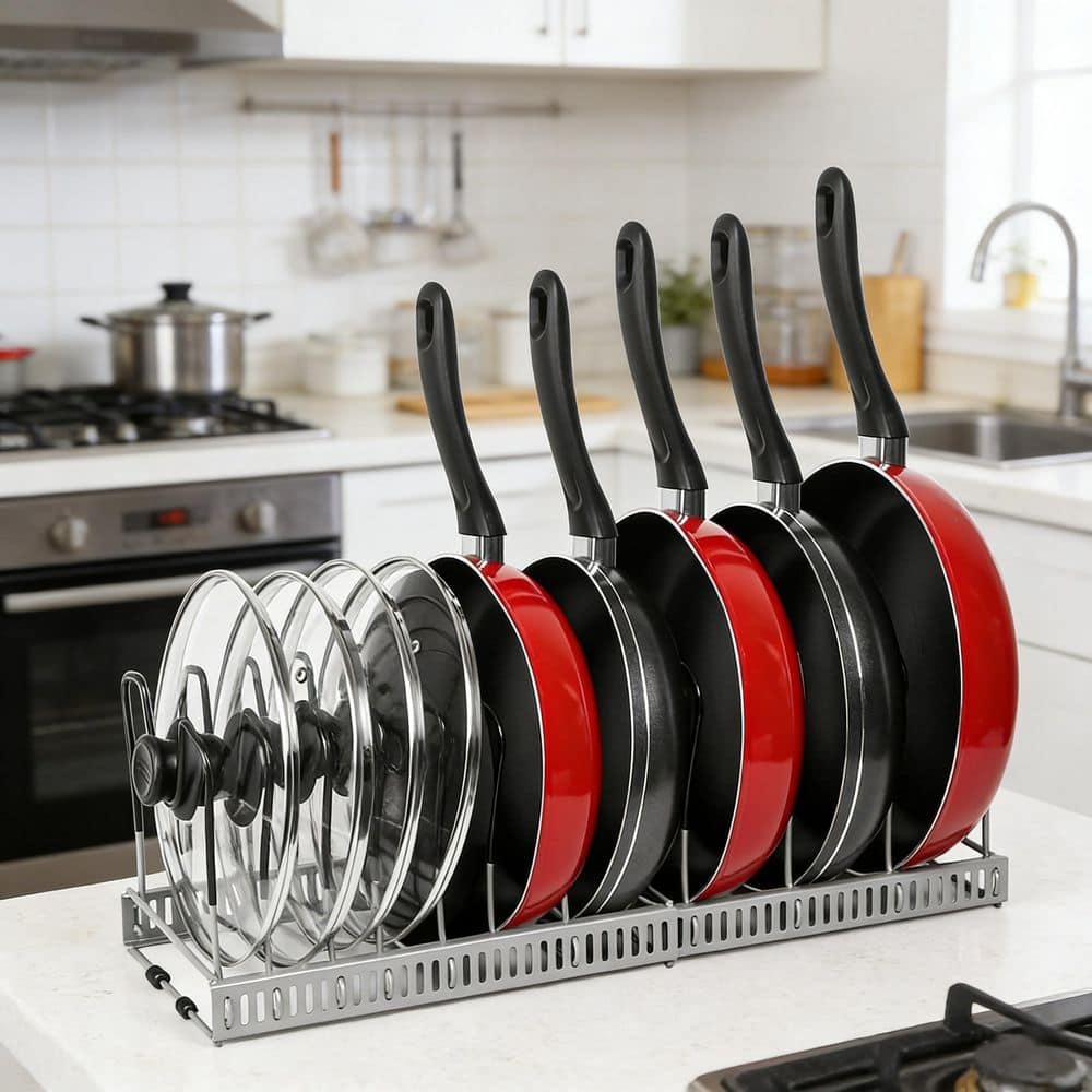 Standing Pan Rack Wudkey Gray Expandable Standing Pot Rack Organizer for Cabinet with 10 ...