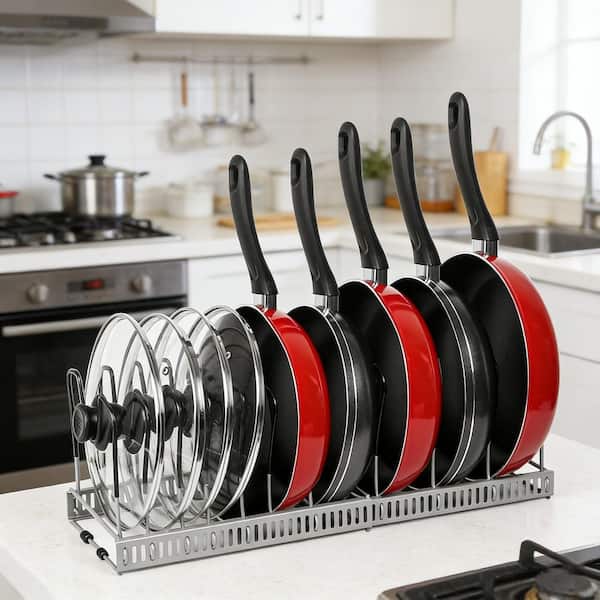 Gray Expandable Standing Pot Rack Organizer for Cabinet with 10 Adjustable Compartment for Cabinet, Cookware and Baking