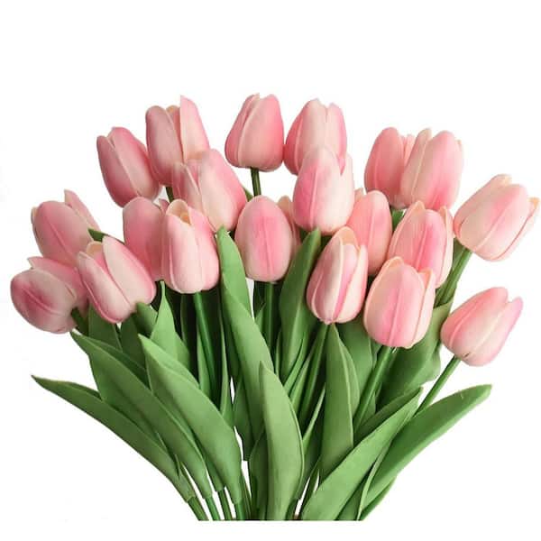 12.6 in. Pink Indoor/Outdoor UV-Resistant Artificial Tulips Flower (20-Pieces)