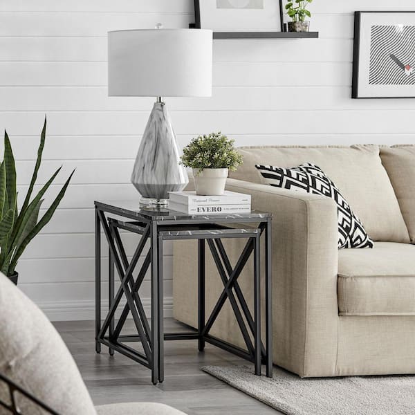 DANYA B Modern Square Marble Finish Veneer Top Black Metal Frame