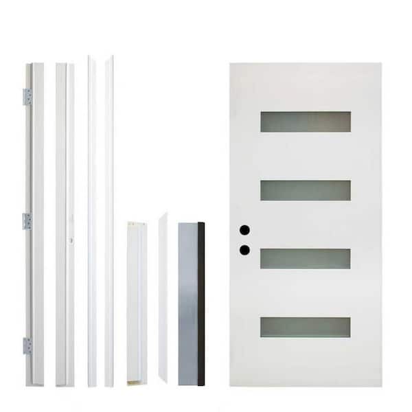 36 x 80 in. Fiberglass Entry Door,4-Lite Frosted Glass,RH Inswing,Kit with Quick Assemble Jamb,White Finish,Knock-Down
