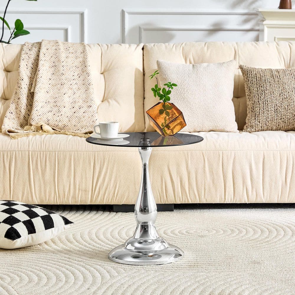 Modern Small 19.6 in. Gray & Silver Round Glass & Metal Coffee Table with Tempered Glass Top & Pedestal Base