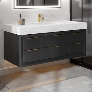 MarbleLux 48 in. W x 20.8 in. D x 21.2 in. H, Floating Bathroom Vanity with Sink in Black White Marble Top and Basin