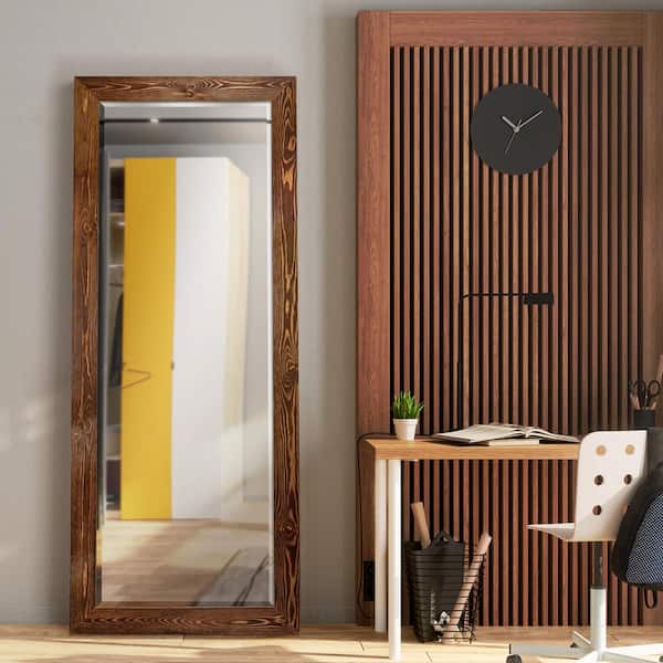25 in. W x 61 in. H Framed Rectangle Beveled Edge Wood Full Length Mirror in Maple