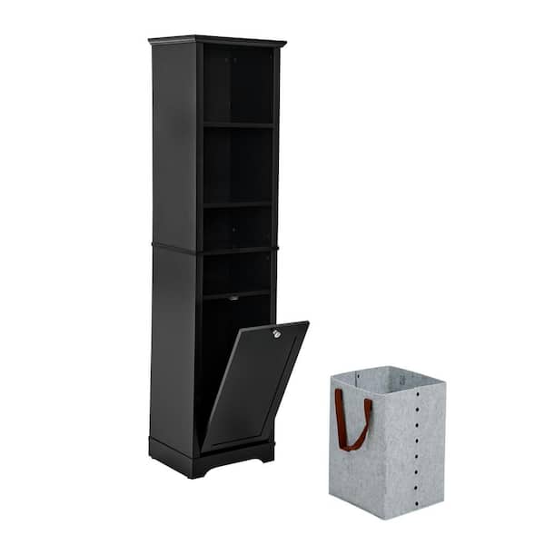 16 in. W x 14 in. D x 64 in. H Black Freestanding Bathroom Linen Cabinet with Laundry Hamper