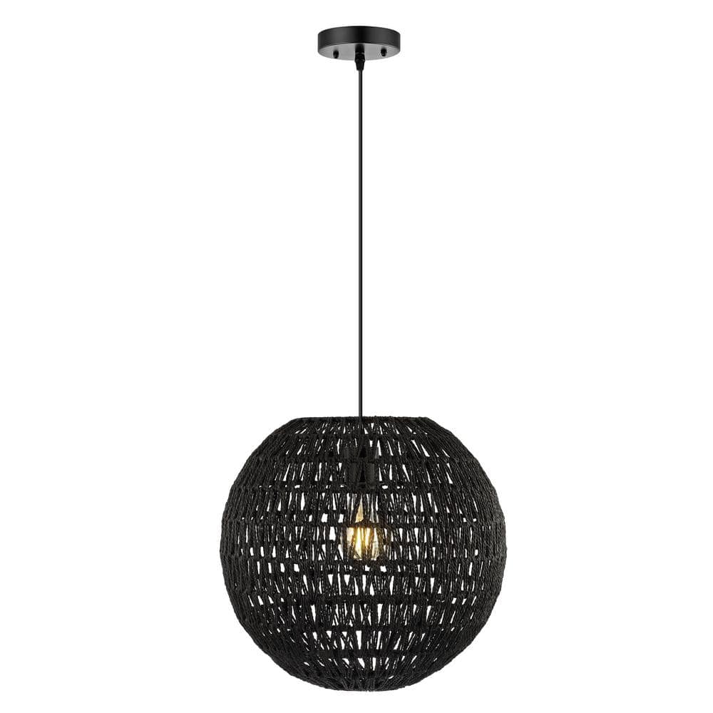 Luna 15.75" Bohemian Modern Black Woven Rattan/Iron LED Pendant
