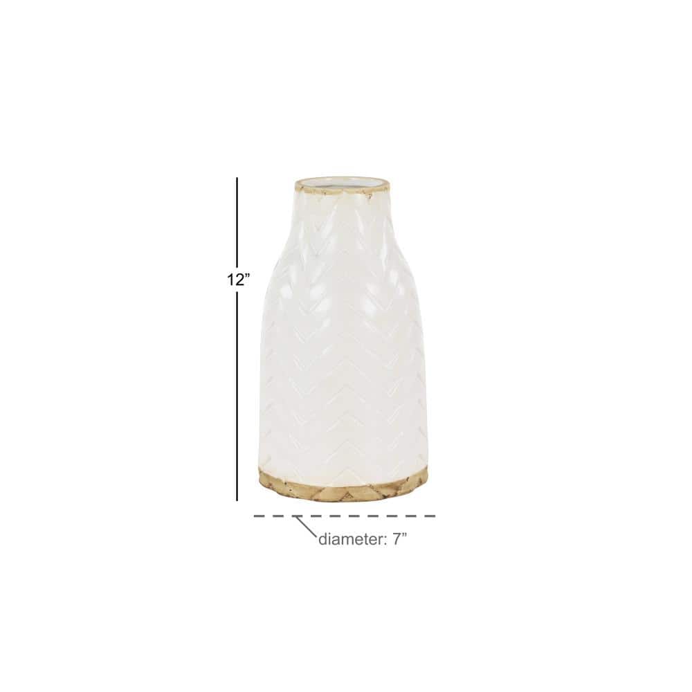 White Chevron Pattern Ceramic Vase with Brown Base, 12"
