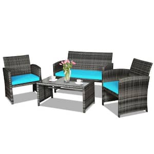 4-Pieces Wicker Outdoor Patio Conversation Set Rattan Furniture Set with CushionGuard Turquoise Cushions and Glass Table