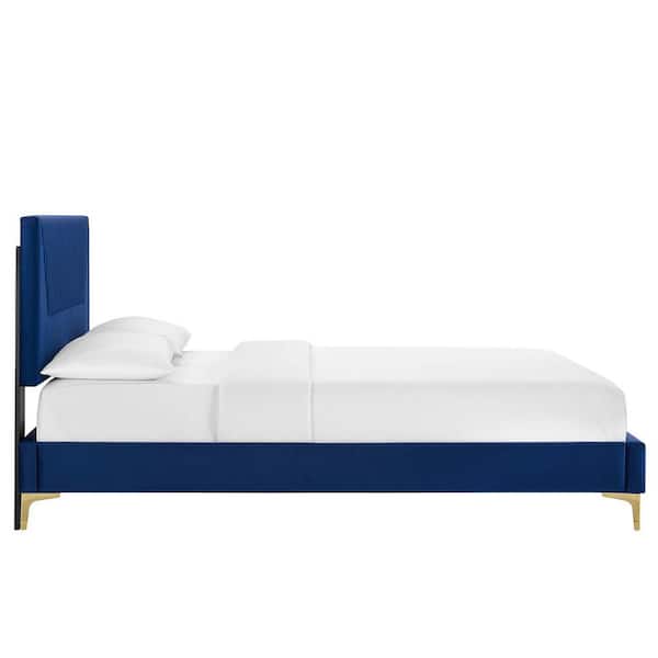 Yasmine Navy Blue Channel Tufted Performance Velvet Frame Queen Platform Bed