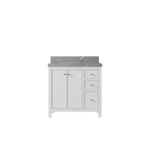 Willow Collections Chicago 36 in. Left Offset Sink Freestanding White Bath Vanity with Piatra Gray Qt. Top Unassembled