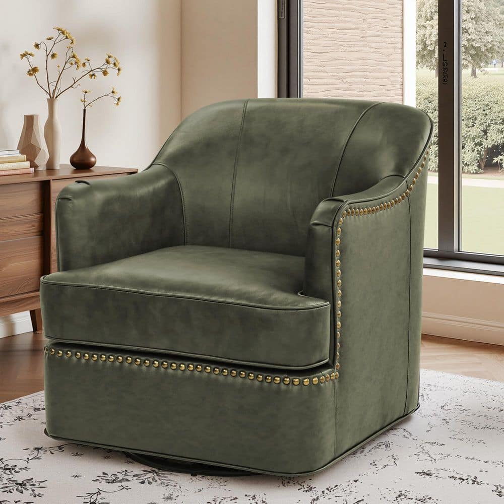 Green Genuine Leather Curved Back Swivel Accent Chair with Nailhead Trims and Metal Base Arm Chair price history on PriceWatchPro