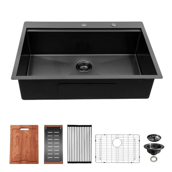 Kuomih Gunmetal Black 16 Gauge Stainless Steel 30 "W Single Bowl Drop-In Kitchen Sink