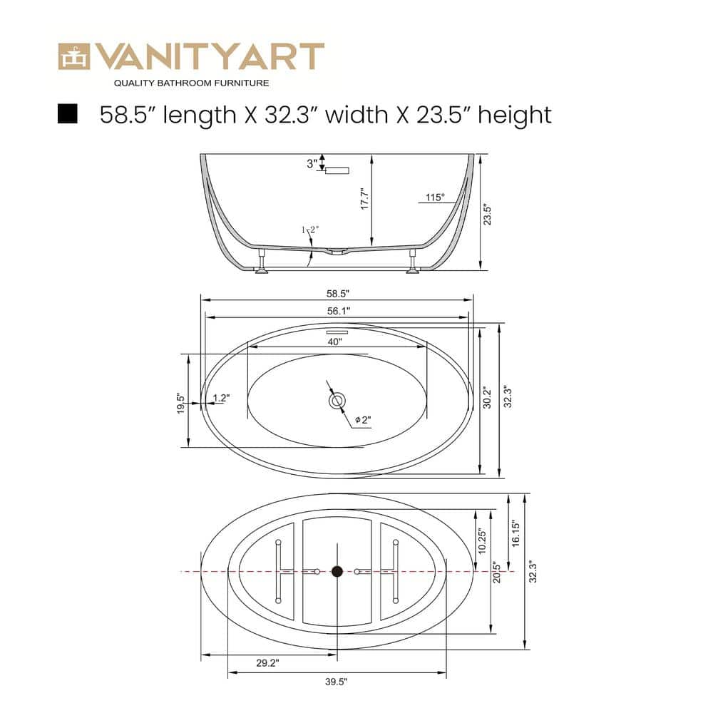59" White Acrylic Freestanding Soaking Bathtub with Matte Black Drain