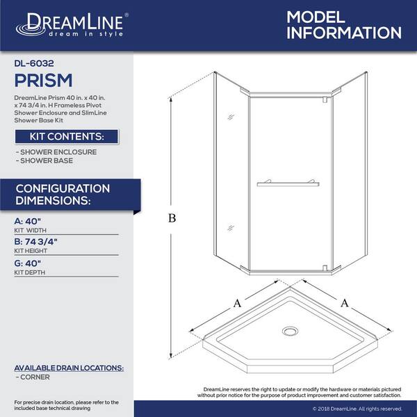 Dreamline Prism 40 In X 40 In X 74 75 In Semi Frameless Pivot Neo Angle Shower Enclosure In Chrome With Biscuit Shower Base Dl 6032 22 01 The Home Depot