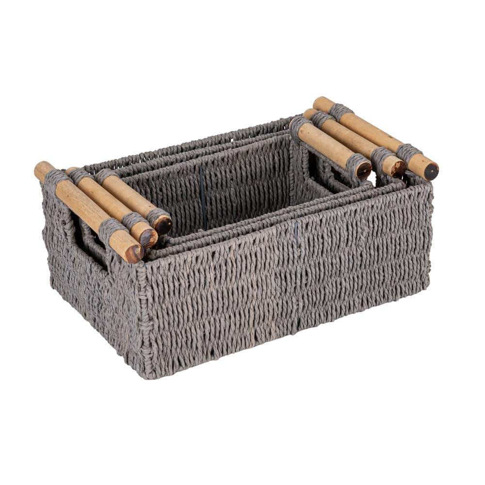 HOUSEHOLD ESSENTIALS Gray Decorative Woven Paper Rope Decorative Baskets with Wood Handles (Set of 3)