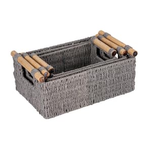 Gray Decorative Woven Paper Rope Decorative Baskets with Wood Handles (Set of 3)