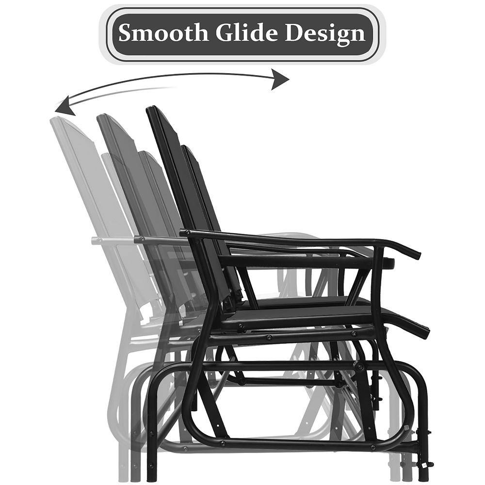 Black Steel Double Glider Loveseat with Tempered Glass Table