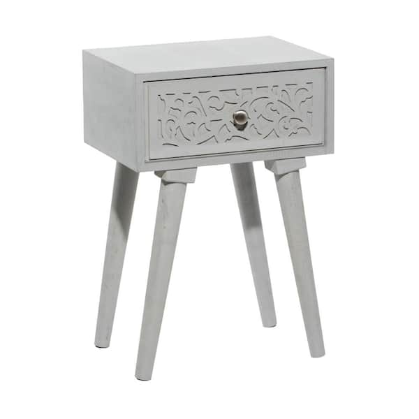 Litton Lane 13 in. Gray Intricately Carved Scroll Single Drawer Large Rectangle Wood End Accent Table