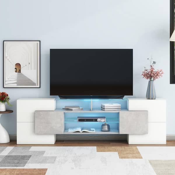 Polibi Gray Unique Shape TV Stand Fits TV's up to 80 in. with LED Color Changing Lights