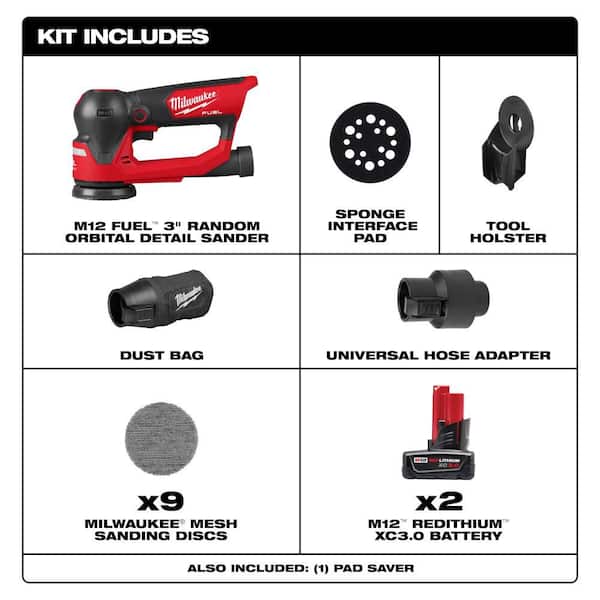 M12 FUEL 12V Lithium-Ion Brushless Cordless 3 in. Random Orbital Detail Sander with 3.0 Ah Battery Pack (2-Pack)