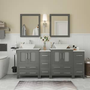 Ravenna 72 in. W Bathroom Vanity in Grey with Double Basin in White Engineered Marble Top and Mirror