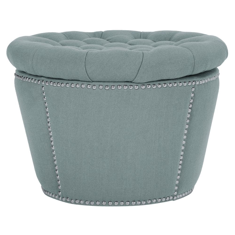 Sky Blue Tufted Round Linen Storage Ottoman