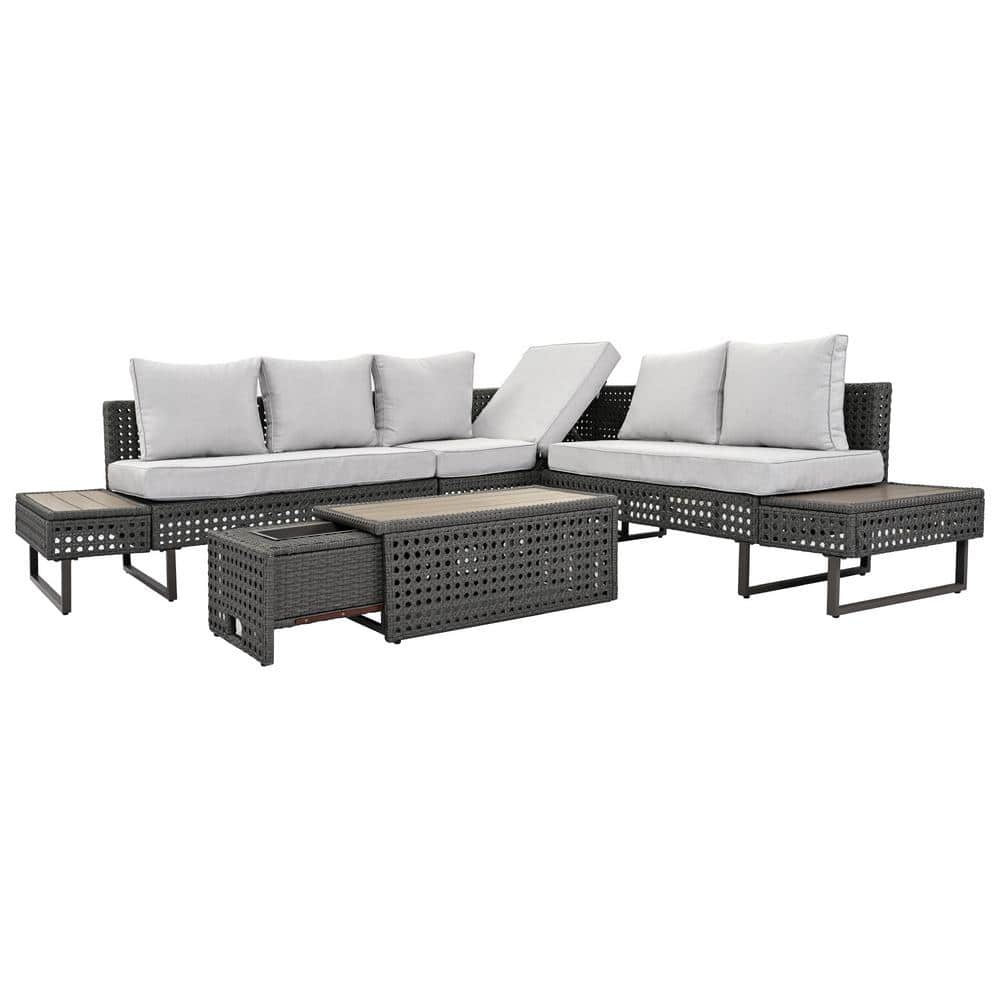6-Piece Metal Diamond Weave Patio Conversation Set with Extendable Coffee Table, Ice Bucket & Side Table, Gray Cushions price history on PriceWatchPro