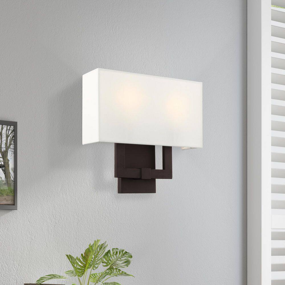 Hollborn Dimmable 2-Light Wall Sconce in Bronze with Off-White Shade
